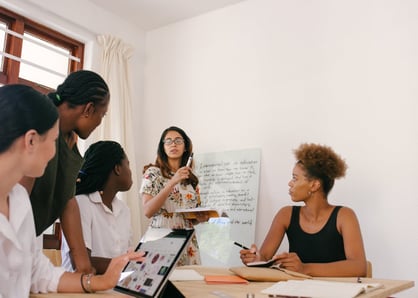 Woman delegating tasks in front of team members